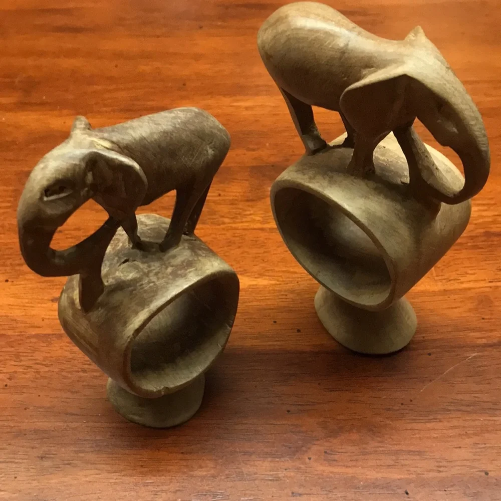 Vintage Hand Carved Wooden Elephant Napkin Rings